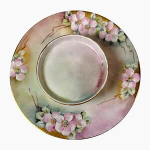 Limoges Porcelain Dogwood Caviar Plate Serving Antiques Tiered Hand Painted Pink